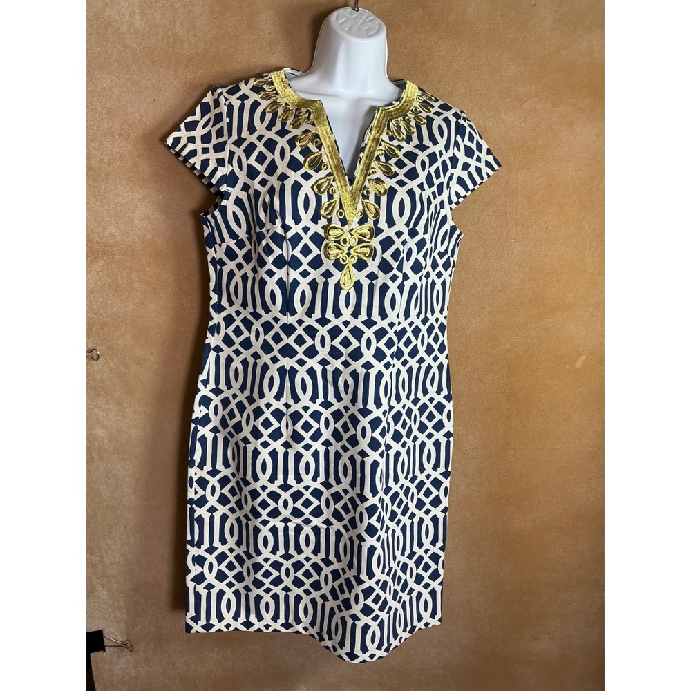Mud Pie Navy White Geometric Embroidered V Neck Cap Sleeve Dress Sizeβ M